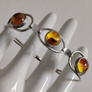 Vintage Baltic Amber Cabochons Hinged Cuff Bracelet